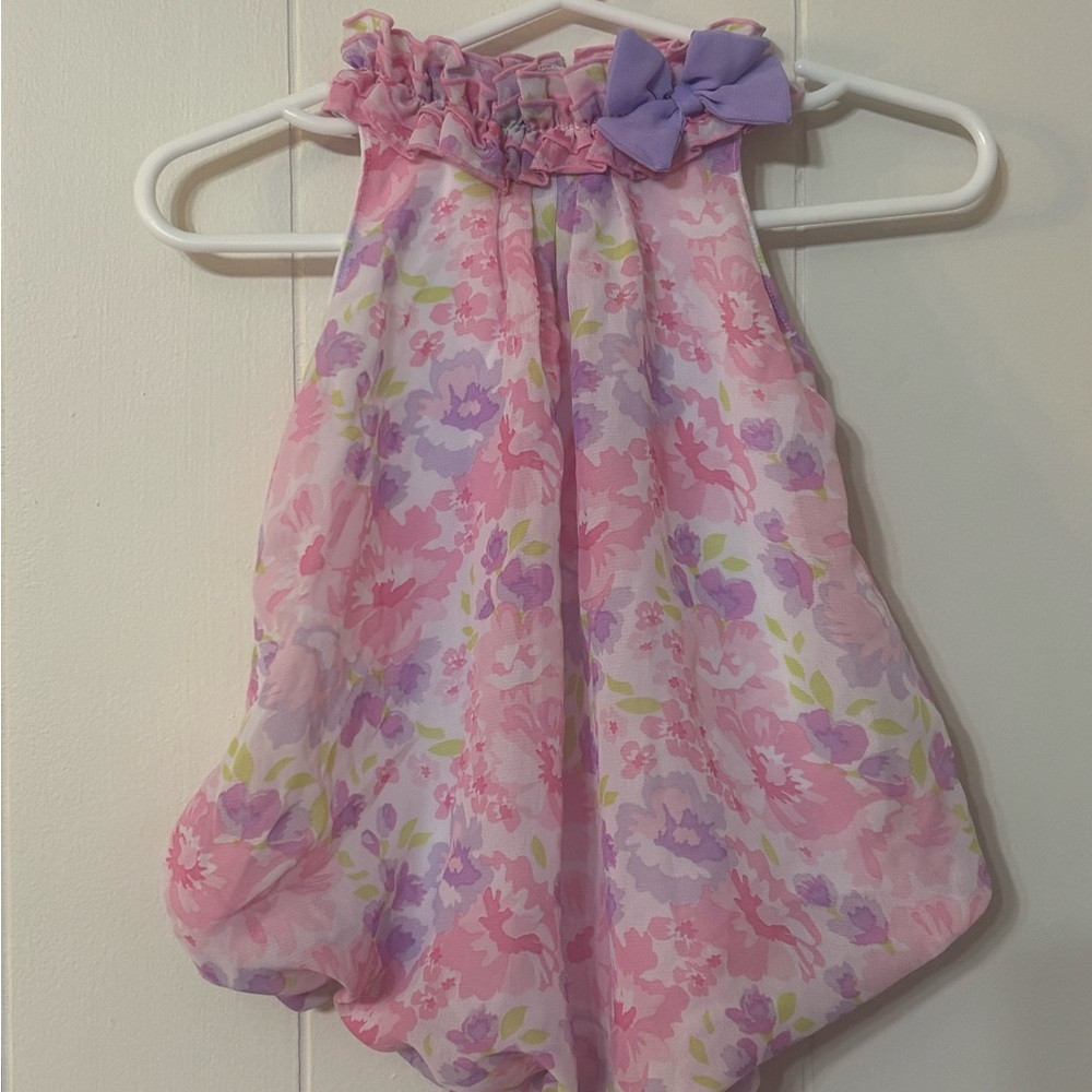 Pink & Lavender Floral Baby One-Piece Bubble Romper with Bow Detail